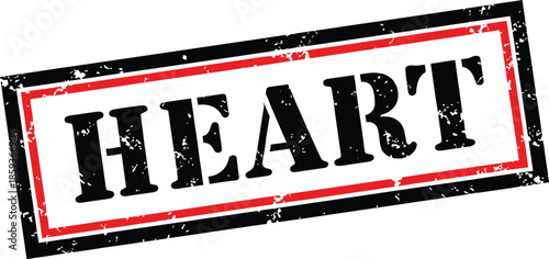 A rectangular stamp with the word heart boldly displayed in black outlined with red and black borders