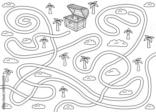 Treasure maze graphic black white sketch illustration vector 