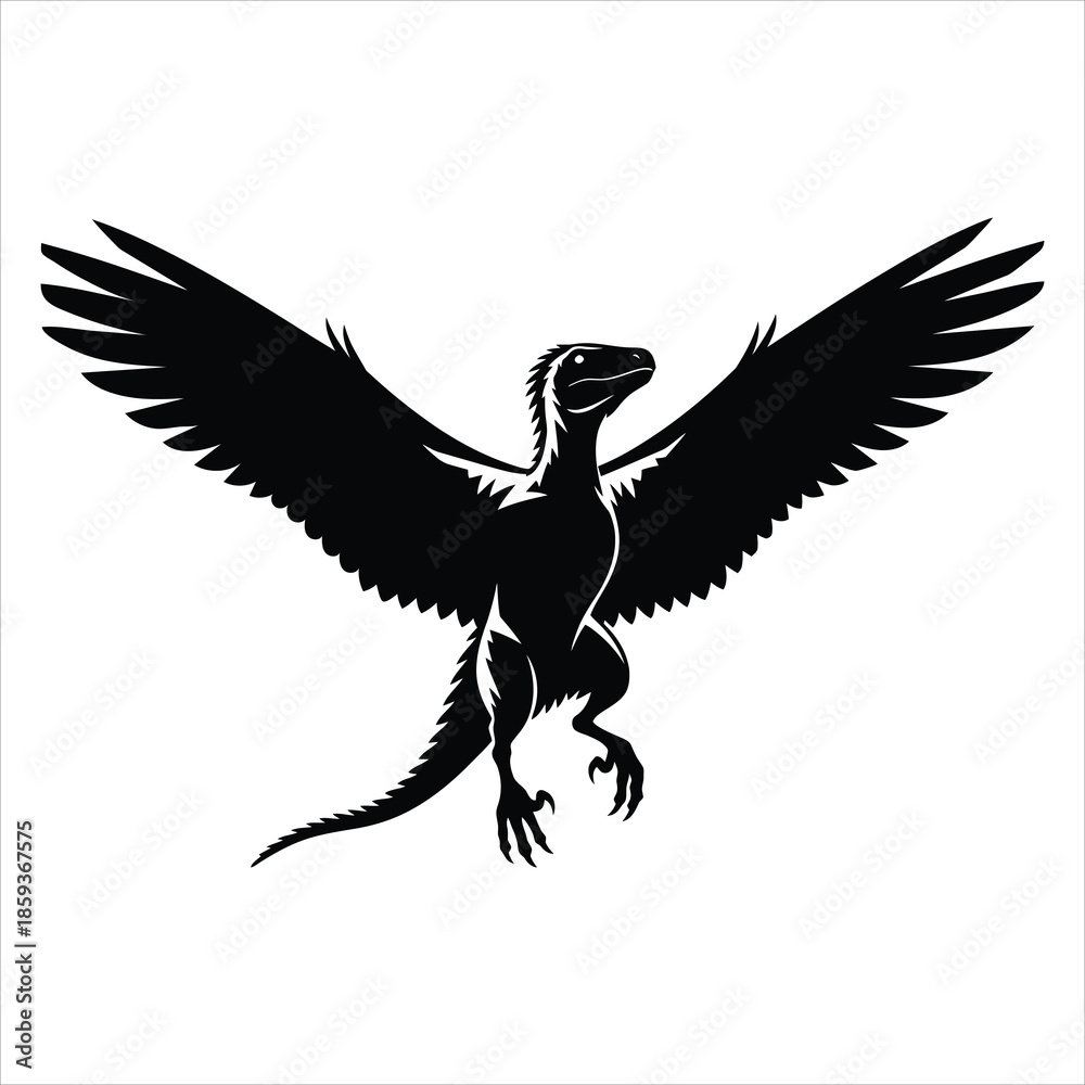 Obraz premium Black silhouette of a flying archaeopteryx with spread wings
