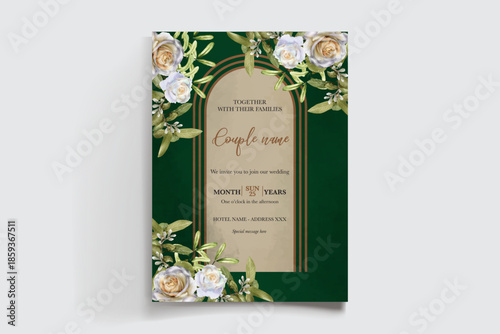 WEDDING INVITATION FRAME WITH FLOWER DECORATIONS AND FRESH LEAVES