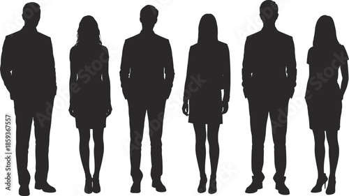 Silhouettes of six diverse business professionals standing side by side in formal attire, symbolizing teamwork, workplace diversity and corporate unity