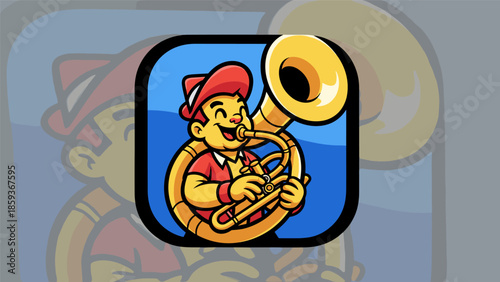 Cartoon Boy Playing Tuba with Joyful Expression in Vibrant Colors.