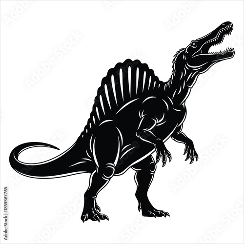 Black silhouette of spinosaurus with open mouth on white background