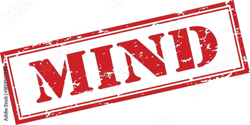 A striking red stamp displaying the word mind in a bold serif typeface isolated on a white background