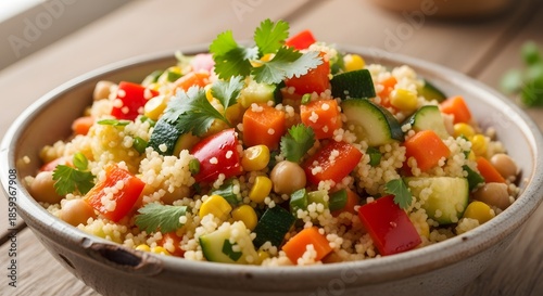 Brightly colored and nutritious vegetable couscous salad featuring diced carrots zucchini corn peppers and chickpeas served in a rustic bowl.