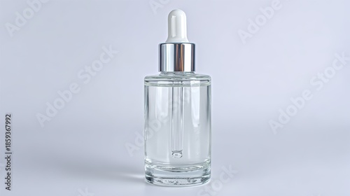 Clear glass dropper bottle filled with a liquid, set against a soft, neutral background