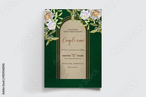 WEDDING INVITATION FRAME WITH FLOWER DECORATIONS AND FRESH LEAVES