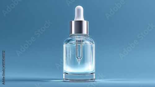Clear glass dropper bottle with serum against a soft blue background, emphasizing skincare