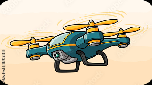 Illustration of a blue and yellow drone with camera.