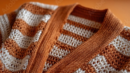 Close-up of a beautifully knitted brown and white striped cardigan on a warm background
