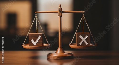 A wooden balance scale contrasts a checkmark block against an X mark block symbolizing choice, decision-making, and the importance of ethical evaluation.