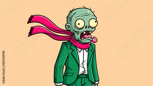 Cartoon Zombie in Green Suit with Pink Scarf Illustration.