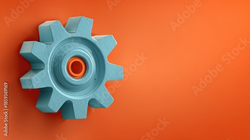 Close-up of a blue gear on an orange background, showcasing industrial design and creativity