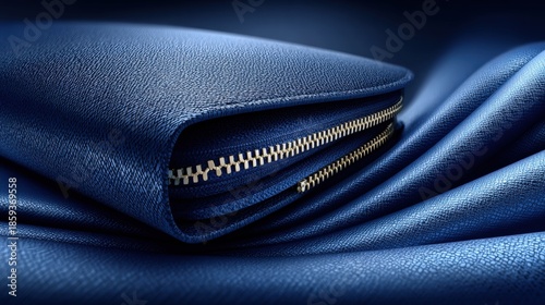 Close-up of a blue leather wallet on a silky fabric background, showcasing its texture and design