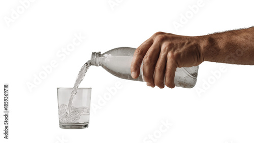 A hand pouring clear water from a bottle into a glass, highlighting the refreshing nature of hydration on a transparent background.