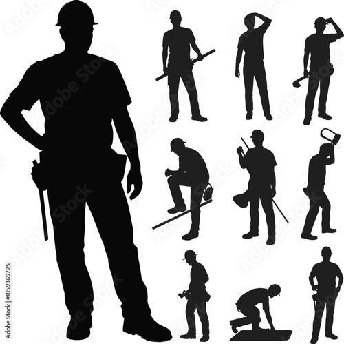 Construction worker silhouettes, hard hat laborers, industrial tools, job site poses, black vector icons, building crew, safety gear, manual work