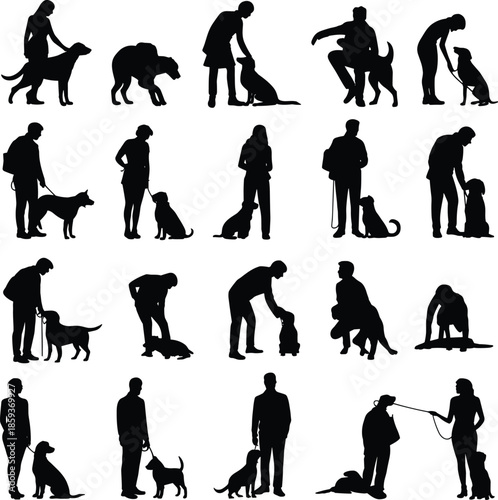 Dog interaction grid, human pet bond, training poses, walking dog, playful moments, black silhouette, vector clipart, animal care, pet activity, obedience scenes, dog behavior