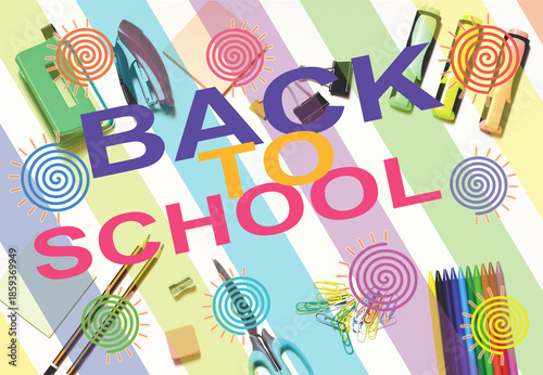 Fotografie Back to school, assortment of school supplies, zenith view.