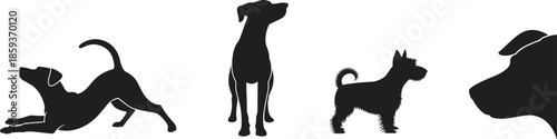Dog silhouettes, black dog shapes, playful pose, terrier profile, muscular stance, pet vector, canine clipart, breed diversity, animal icons
