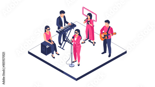 Isometric band performing with instruments on stage in modern style