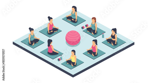 Isometric group yoga class featuring meditation and fitness equipment on mats