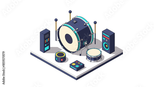 Isometric drum set with speaker equipment in modern design