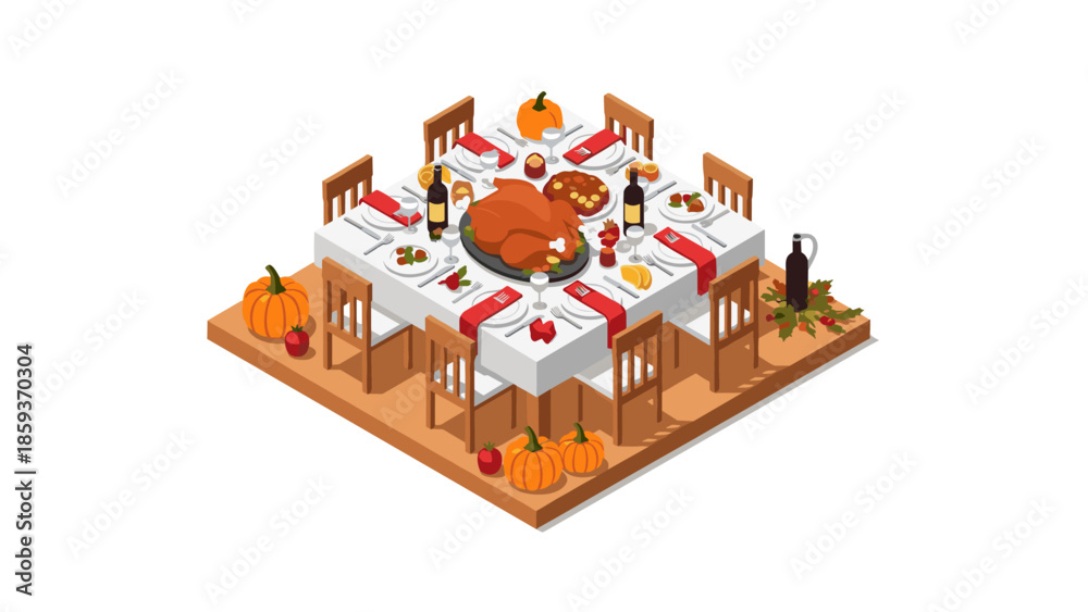 Fototapeta premium Festive thanksgiving dinner table with turkey and seasonal decorations in isometric style