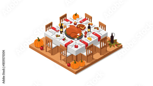 Festive thanksgiving dinner table with turkey and seasonal decorations in isometric style