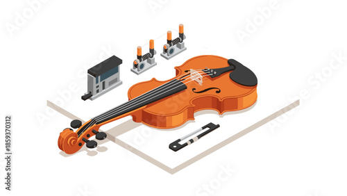 Isometric violin and metronome setup in orange tones with accessories