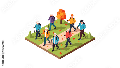 Isometric illustration of seniors enjoying autumn hiking with nordic walking poles in park