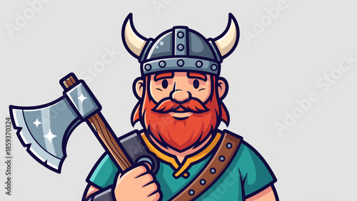 Cartoon Viking Warrior with Axe and Horned Helmet Illustration.