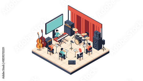 Isometric music rehearsal room with instruments and musicians practicing