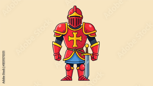 Cartoon Knight in Red Armor with Sword Illustration.