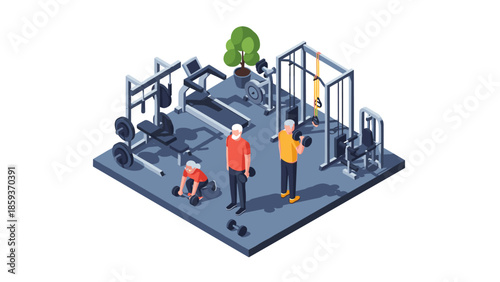 Isometric gym with elderly people exercising: strength and fitness