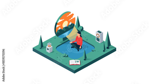 Isometric landscape with self reflection and nature elements in vibrant colors