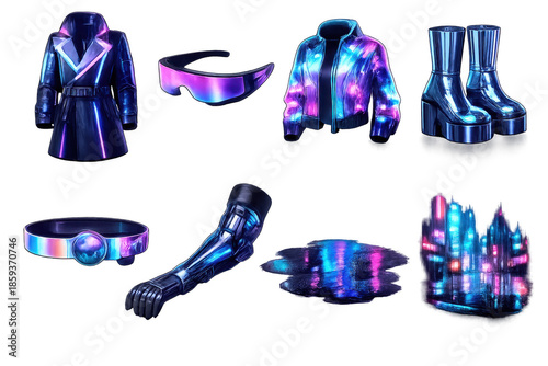 Futuristic neon fashion ensemble with holographic accessories