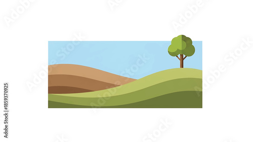 A flat, stylized landscape illustration features rolling hills in varying shades of brown and green. A single tree stands on a hilltop, under a light blue sky