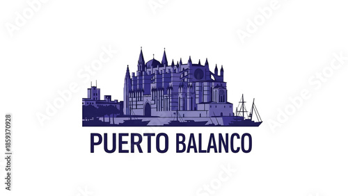 Wallpaper Mural A flat-colored, stylized illustration of a city silhouette featuring a prominent church, harbor, and ships, with text below. The scene is in cool tones Torontodigital.ca