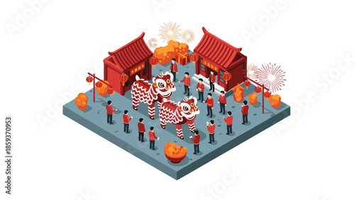 Traditional lion dance celebration with fireworks in asian street festival