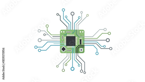 A flat-design illustration depicting a central processing unit (CPU). A green square with lines, dots, and a central black area has colorful circuit paths