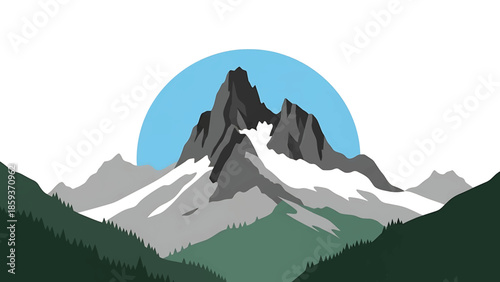 A flat-design depiction of mountains under a blue circle. Foreground shows coniferous trees and white expanse. The mountain is grey