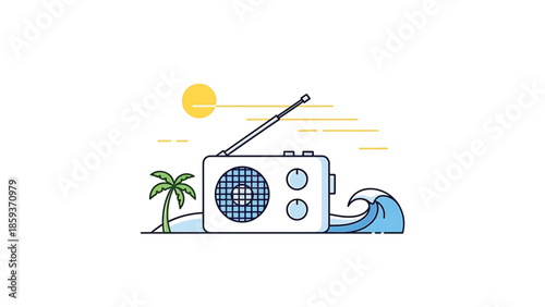 A flat illustration depicts a retro radio on a small island with a palm tree, sun, and waves, conveying a beach scene