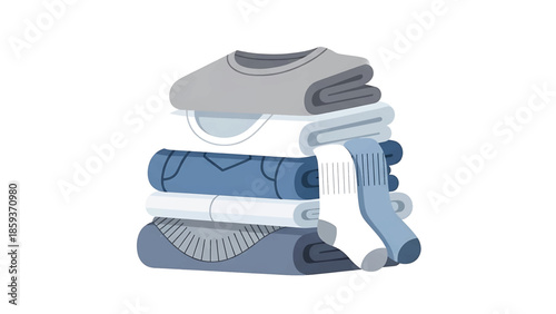 A flat illustration depicts a stack of folded clothing items. A folded grey sweater tops the stack, with white and blue clothes beneath. Blue socks