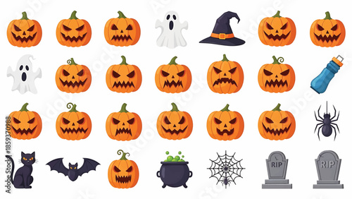 A flat-design illustration depicting classic Halloween imagery. Includes carved pumpkins, ghosts, witch hat, black cat, spider, bat, cauldron, tombstones