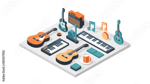 Isometric music studio setup with guitars, keyboard, and amplifier in modern flat design