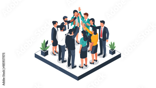 Isometric teamwork success: diverse business team high-five in office setting