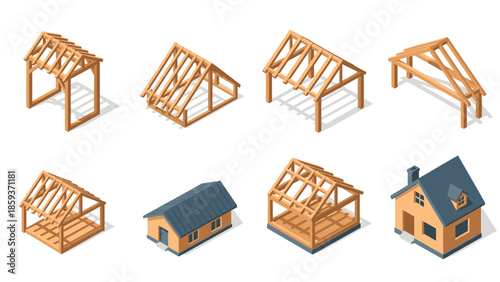 Isometric roof construction stages: wooden frames to finished house
