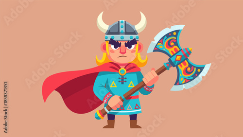 Cartoon Viking Warrior with Axe Ready for Battle Illustration.