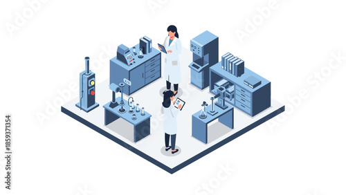 Modern isometric laboratory with scientists and equipment in minimalistic design