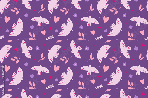 spring birds seamless pattern with pigeon, flower, naive, spring season cover, March, April, peace, textile pattern, wrapping paper, wallpaper, vector illustration